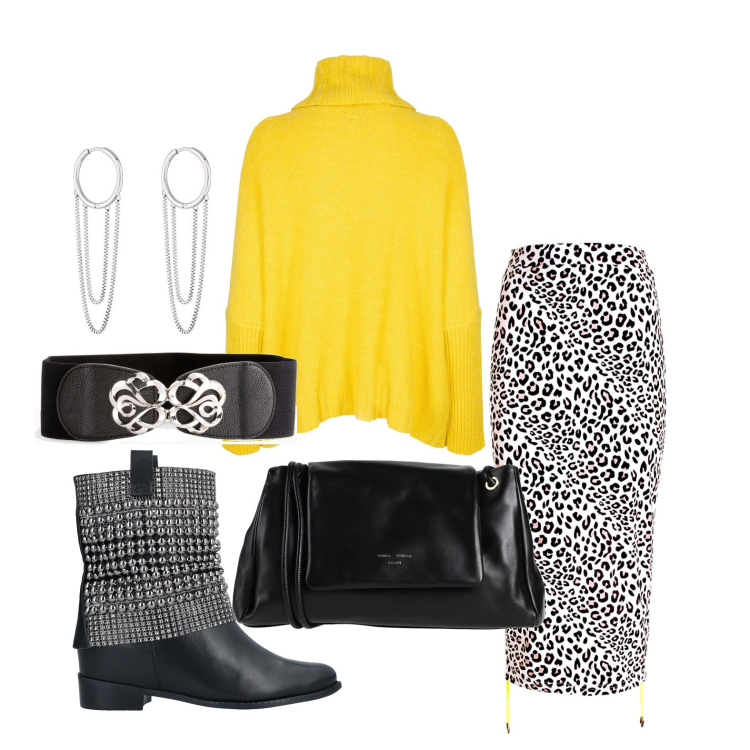 Outfit donna - Ghost outfitter - la gonna leo. Stile Casual chic per Tutti i giorni. Abbinamento con cinture, borse a tracolla, stivaletti, maglieria, gonne lunghe, orecchini.