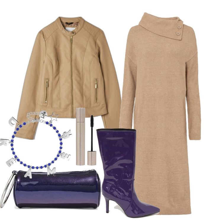 Outfit donna - Il cammello con il violetto intenso. Stile Casual chic per Tutti i giorni. Abbinamento con borse a mano, vestiti chemisier, cappotti, braccialetti, stivali, mascara.