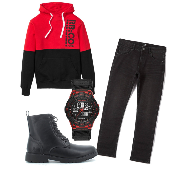 Outfit uomo - Rosso brillante. Stile Urban per Tutti i giorni. Abbinamento con felpe con cappuccio, jeans, anfibi, orologi.