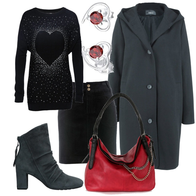 Outfit donna - Rientro in ufficio con il cuore. Stile Casual chic per Ufficio. Abbinamento con pullovers, gonne lunghe, cappotti, stivaletti, borse a spalla, orecchini.