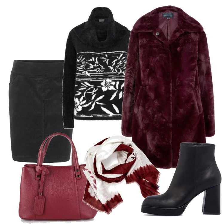 Outfit donna - Vinaccia casual chic. Stile Casual chic per Ufficio. Abbinamento con gonne, ecopellicce, maglieria, borse a mano, foulard, stivaletti.