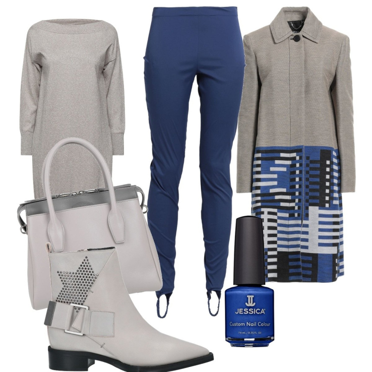 Outfit donna - Il cappotto particolare. Stile Trendy per Tutti i giorni. Abbinamento con leggings, pullovers, cappotti, stivaletti, borse a mano, smalti.