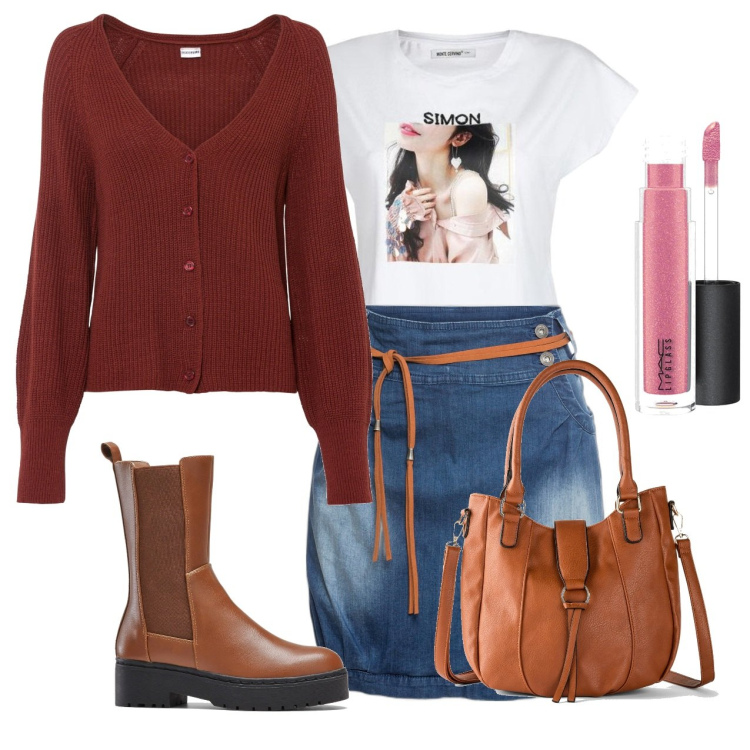 Outfit donna - Terracotta sul denim. Stile Casual chic per Tutti i giorni. Abbinamento con minigonne, cardigans, borse a mano, stivali, t-shirt, gloss.