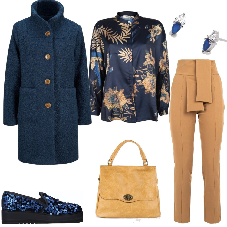 Outfit donna - Tempo libero. Stile Casual chic per Tutti i giorni. Abbinamento con cappotti, sneakers, camicie, borse a mano, orecchini, pantaloni.