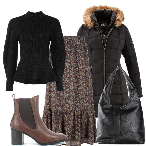 Outfit donna - Folk anche in inverno. Stile Casual chic per Tutti i giorni. Abbinamento con giacche, maglieria, gonne, borse a spalla, stivaletti.