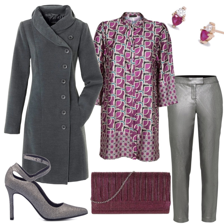 Outfit donna - Serata fuori. Stile Trendy per Serata fuori. Abbinamento con cappotti, pantaloni, camicie, pochette, orecchini, décolleté.