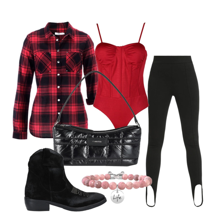 Outfit donna - Mai fuori luogo. Stile Rock per Tutti i giorni. Abbinamento con camicie, borse a mano, stivaletti, leggings, body, braccialetti.