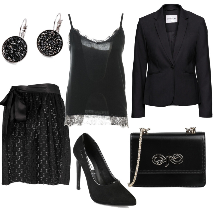 Outfit donna - Total black elegante. Stile Glamour per Serata fuori. Abbinamento con blazer, gonne, orecchini, borse a tracolla, décolleté, top.