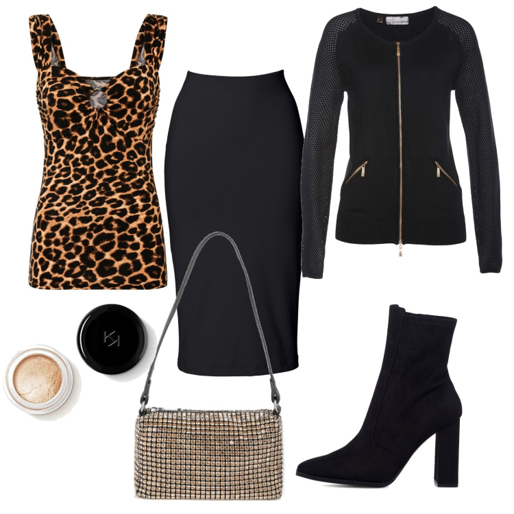 Outfit donna - Sensuale e audace. Stile Sexy per Serata fuori. Abbinamento con gonne longuette, cardigans, top, borse a spalla, stivaletti, ombretti.