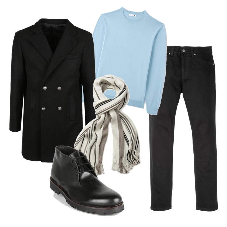 Outfit uomo - Il nero quasi total. Stile Urban per Tutti i giorni. Abbinamento con jeans slim fit, pullovers, cappotti, stivali e stivaletti, sciarpe.