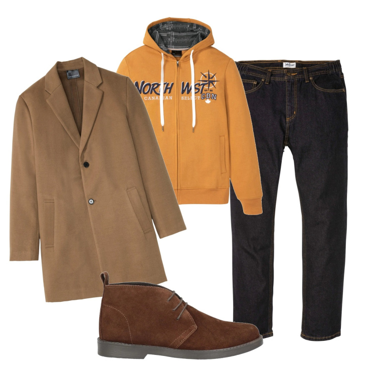 Outfit uomo - Il cappotto sulla felpa. Stile Trendy per Tutti i giorni. Abbinamento con jeans dritti, cappotti, felpe con cappuccio, stivali e stivaletti.