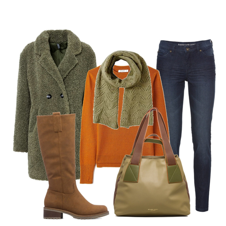 Outfit donna - Un tocco di verde. Stile Casual per Tutti i giorni. Abbinamento con jeans skinny, cappotti, maglieria, borse a spalla, stivali sopra il ginocchio, sciarpe.