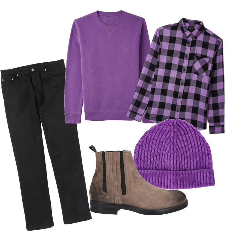 Outfit uomo - Un insolito viola. Stile Trendy per Tutti i giorni. Abbinamento con pantaloni, stivali e stivaletti, camicie, felpe, berretti.