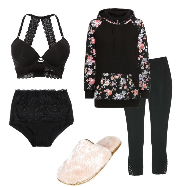 Outfit donna - Non aspettavo, ti giuro, nessuno!. Stile Basic per Tutti i giorni. Abbinamento con leggings, felpe con cappuccio, reggiseni, culotte, pantofole.