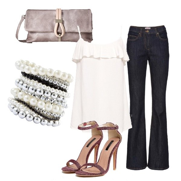 Outfit donna - Bon Ton #9545. Stile Bon Ton per Serata fuori. Abbinamento con jeans bootcut, braccialetti, sandali rosa e nudo, vestaglia bianco, clutch.