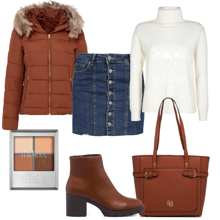 Outfit donna - Gonna in blujeans e marrone caldo. Stile Sporty chic per Tutti i giorni. Abbinamento con giacche, minigonne, maglieria, stivaletti, borse a spalla, ombretti.