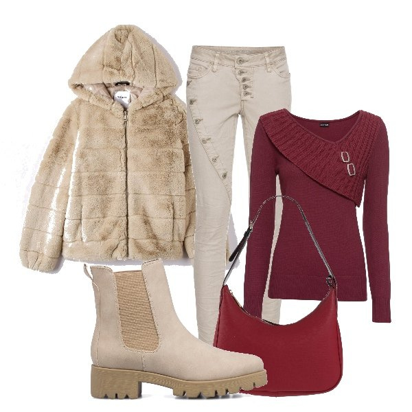 Outfit donna - Io, finta cattiva. Stile Casual per Ufficio. Abbinamento con maglieria, pantaloni, borse a spalla, ecopellicce, stivaletti.
