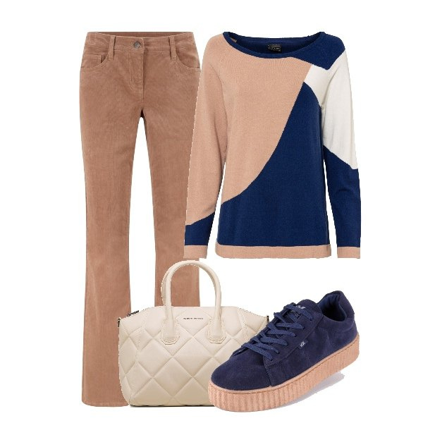 Outfit donna - Ho perso le chiavi, mannaggia. Stile Basic per Tutti i giorni. Abbinamento con pantaloni, maglieria, sneakers, borse a mano.