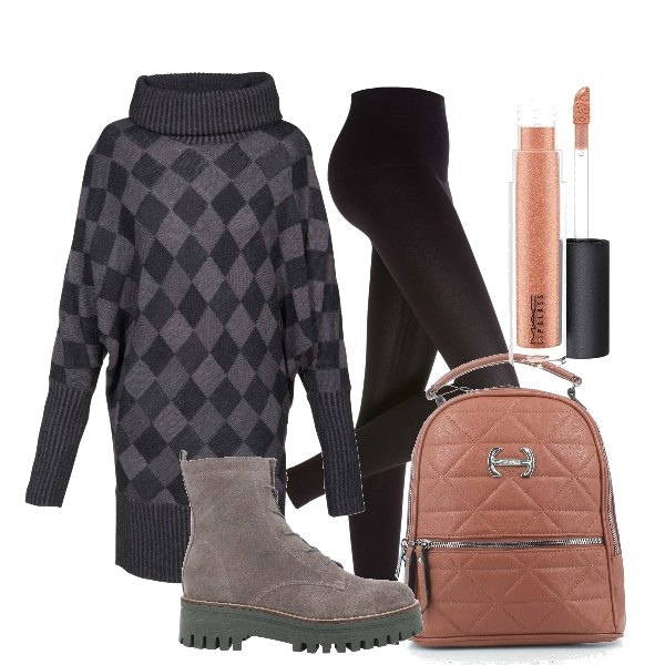 Outfit donna - Lasciati baciare. Stile Casual per Scuola/Università. Abbinamento con leggings, pullovers, stivaletti, zaini, gloss.