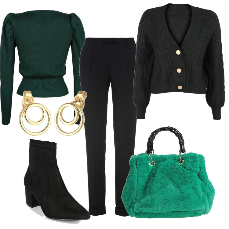Outfit donna - A casa di amici. Stile Casual per Serata fuori. Abbinamento con pantaloni, borse a mano, pullovers, cardigans, stivaletti, orecchini.