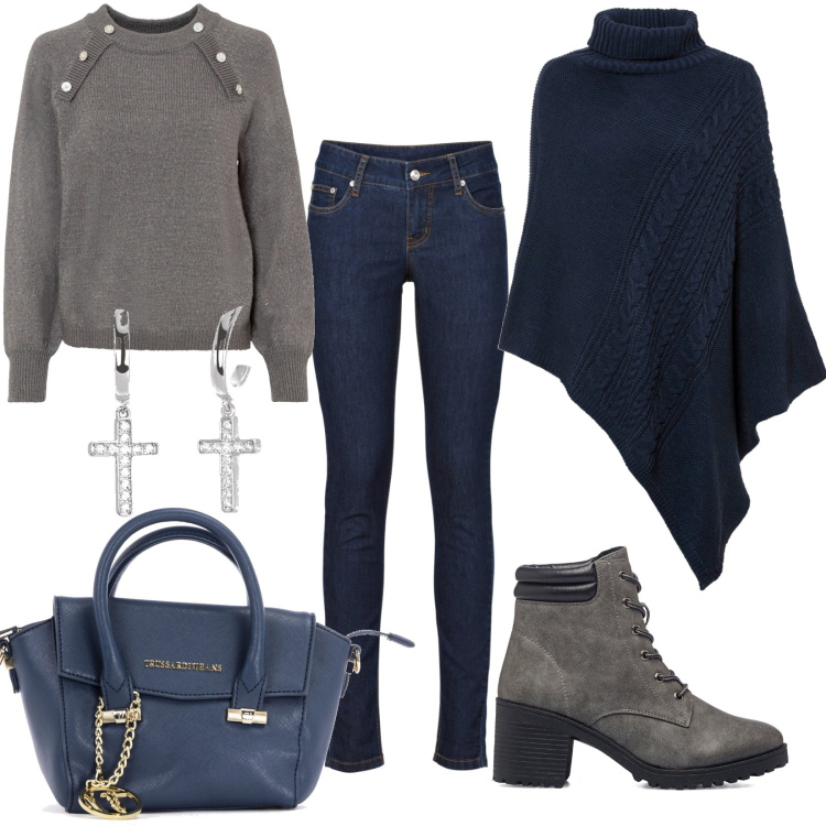 Outfit donna - Comoda universitaria. Stile Casual per Scuola/Università. Abbinamento con jeans skinny, maglieria, cinture, orecchini, borse a mano, anfibi.