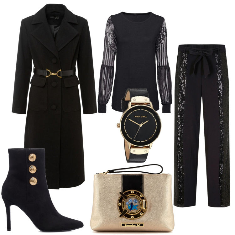 Outfit donna - €legance in bl@ck. Stile Glamour per Serata fuori. Abbinamento con bluse, pantaloni, cappotti, pochette, stivaletti, orologi.