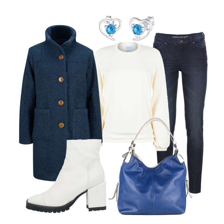 Outfit donna - Cappotto bouclé. Stile Casual chic per Tutti i giorni. Abbinamento con cappotti, jeans skinny, stivaletti, borse a spalla, maglieria, orecchini.