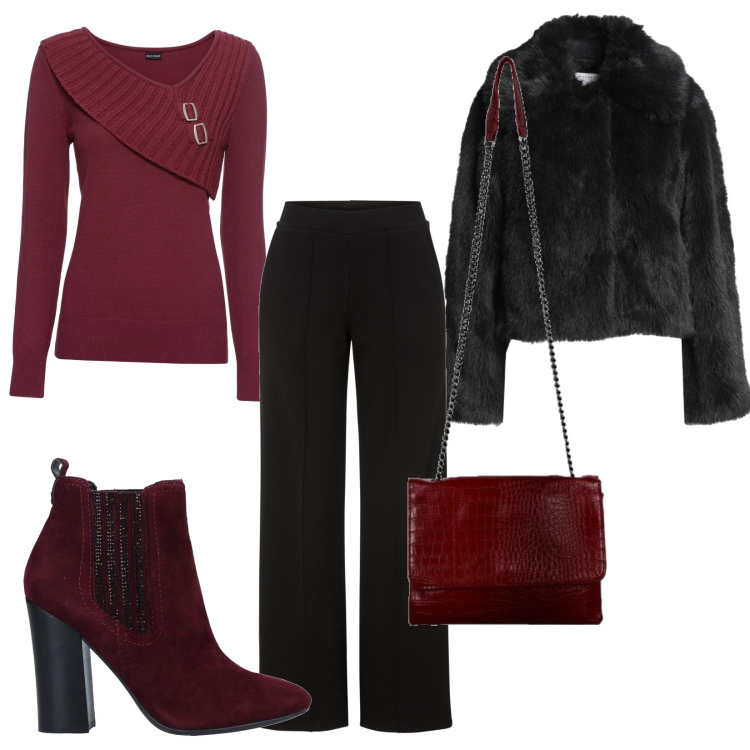 Outfit donna - Bordeaux e nero. Stile Casual chic per Serata fuori. Abbinamento con maglieria, pantaloni, cappotti, stivaletti, borse a tracolla.