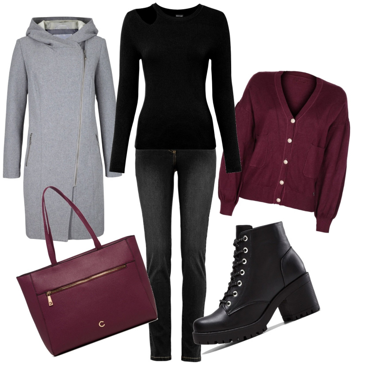Outfit donna - Bella e sempre in ordine. Stile Casual per Tutti i giorni. Abbinamento con jeans, stivaletti, giacche, maglieria, cardigans, borse a spalla.