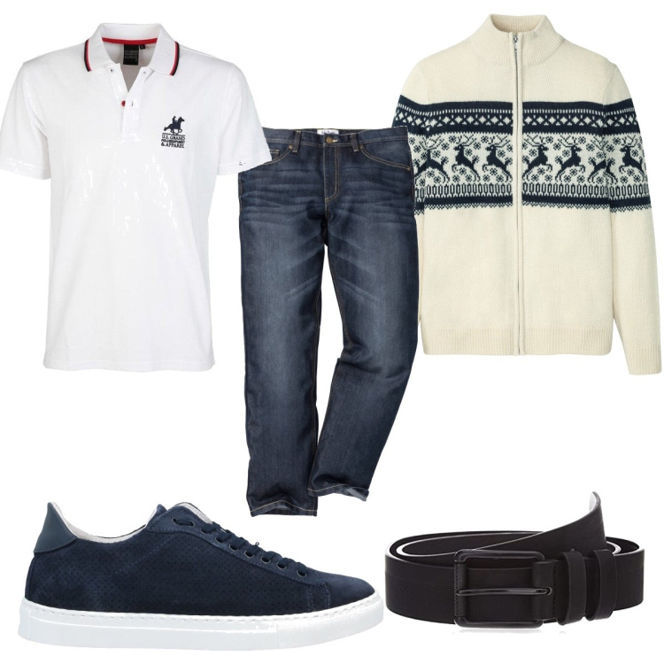 Outfit uomo - La polo bianca. Stile Casual per Tutti i giorni. Abbinamento con jeans dritti, cardigans, sneakers, polo, cinture.