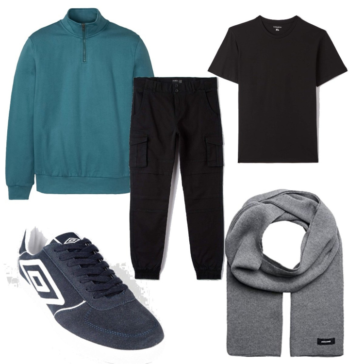 Outfit uomo - Gennaio trendy. Stile Trendy per Tutti i giorni. Abbinamento con felpe, sneakers, pantaloni cargo, t-shirt, sciarpe.