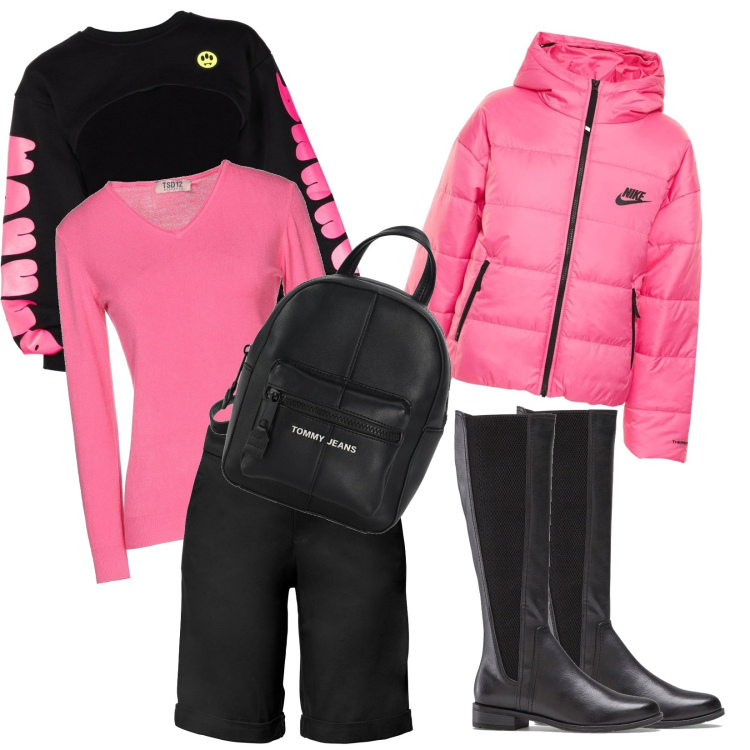 Outfit donna - Sporty fuchsia. Stile Sporty chic per Tutti i giorni. Abbinamento con bermuda, stivali sopra il ginocchio, zaini, pullovers, felpe, piumini.