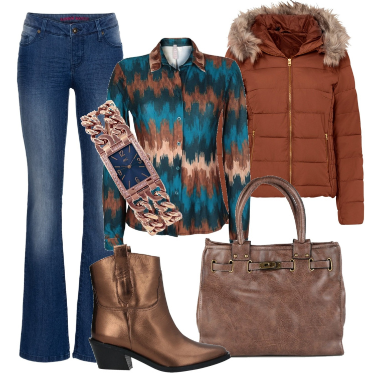 Outfit donna - Il mio stile comodo. Stile Trendy per Tutti i giorni. Abbinamento con jeans bootcut, giacche, stivaletti, camicie, borse a mano, orologi.