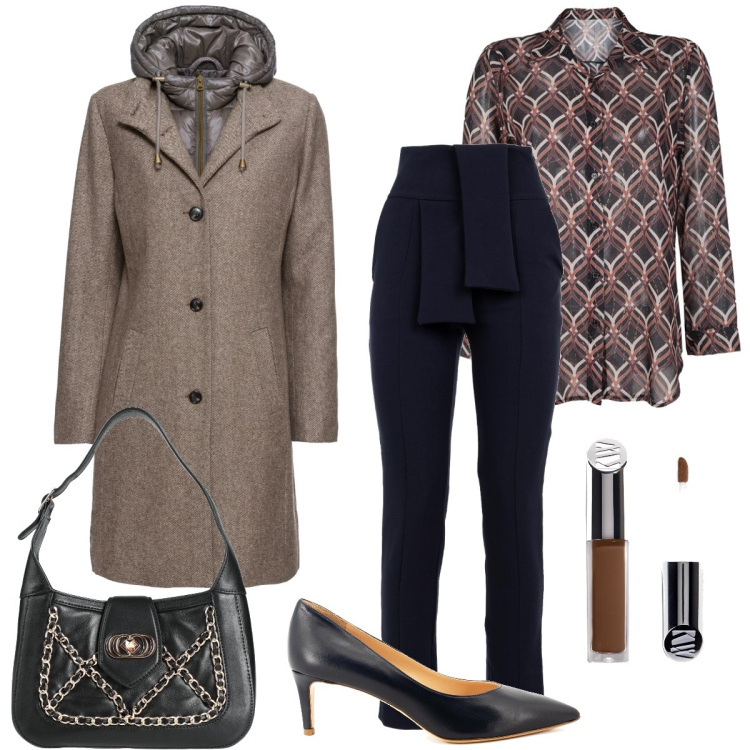 Outfit donna - Elegante in ufficio. Stile Bon Ton per Ufficio. Abbinamento con cappotti, borse a mano, camicie, pantaloni, décolleté, correttori.