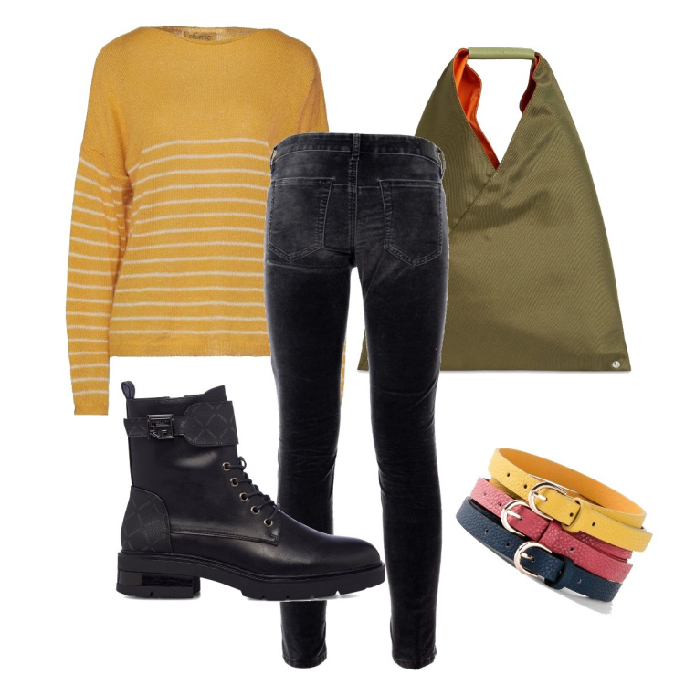 Outfit donna - Il tris di cinture. Stile Casual per Tutti i giorni. Abbinamento con cinture, pullovers, pantaloni, anfibi, shopping bag.