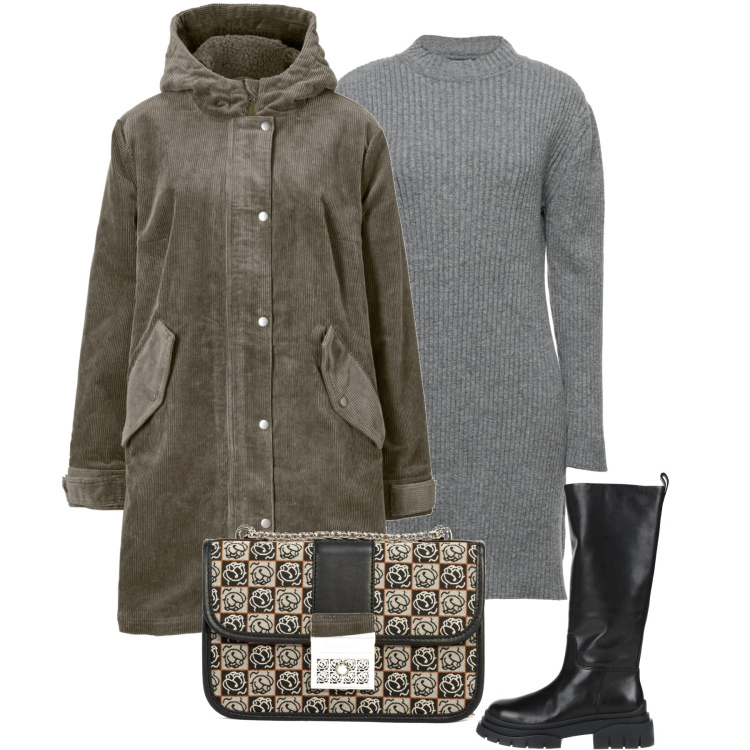 Outfit donna - Il pullover vestito. Stile Casual per Scuola/Università. Abbinamento con parka, vestiti corti, stivali, borse a tracolla.
