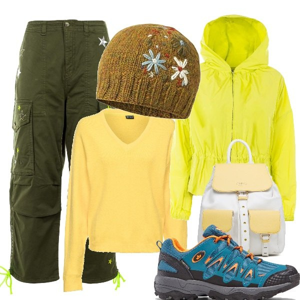 Outfit donna - Passeggiata in campagna. Stile Sporty chic per Tutti i giorni. Abbinamento con maglieria, sneakers, pantaloni cargo, giacche, zaini, cappelli.
