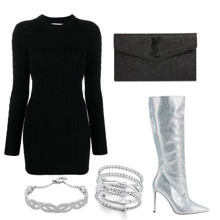 Outfit donna - Total look #1505777. Stile Glamour per Serata fuori. Abbinamento con stivali, vestiti, braccialetti, pochette, anelli.
