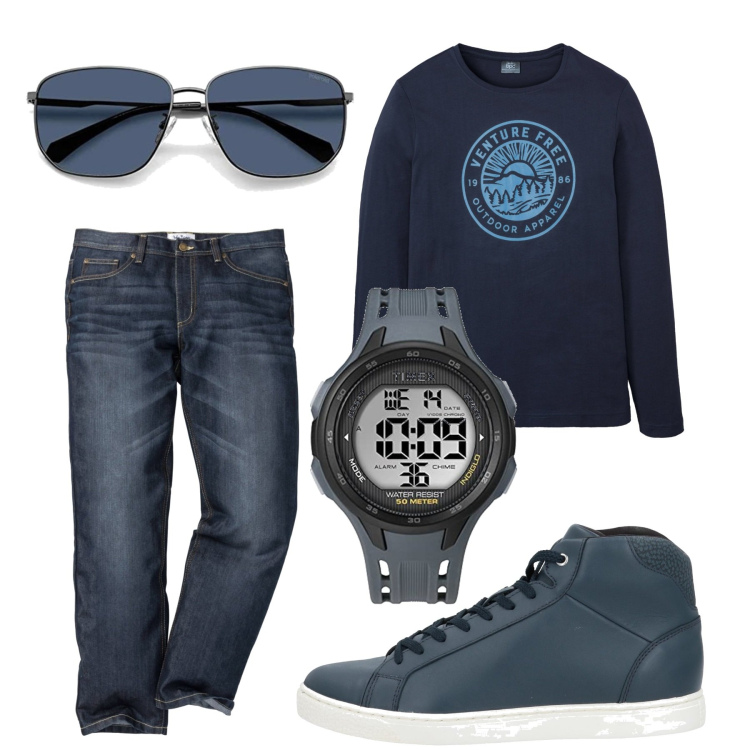 Outfit uomo - La felpa a 9, 99€!. Stile Casual per Tutti i giorni. Abbinamento con jeans dritti, maglieria, sneakers, orologi digitali, occhiali da sole.