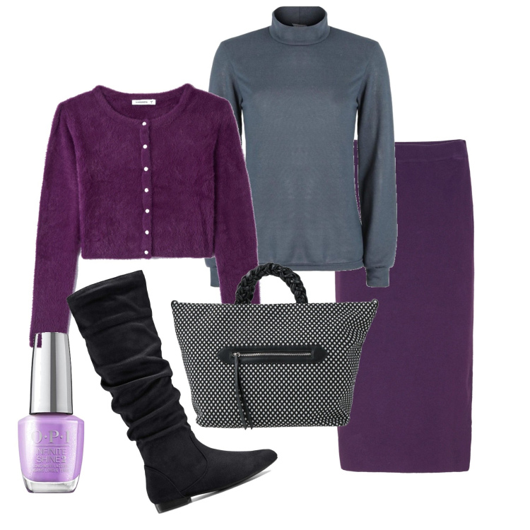Outfit donna - Viola geranio. Stile Chic per Tutti i giorni. Abbinamento con stivali, gonne, borse a mano, cardigans, maglieria, smalti.