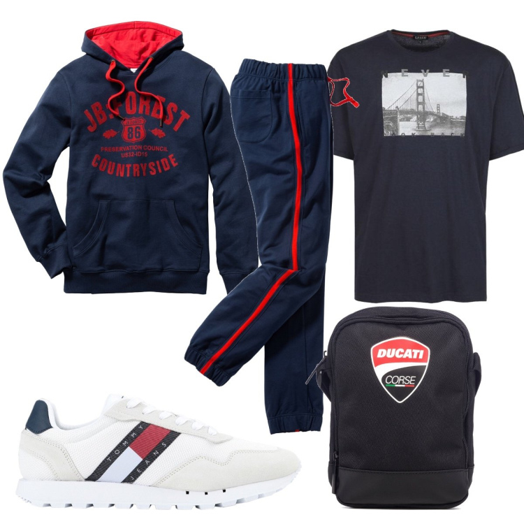 Outfit uomo - ASportivo tutti i giorni. Stile Trendy per Sport. Abbinamento con pantaloni, felpe con cappuccio, sneakers, t-shirt, borse sportive.