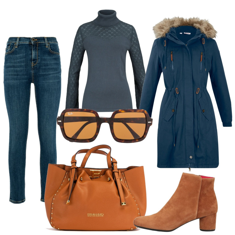 Outfit donna - Comodamente casual. Stile Casual per Tutti i giorni. Abbinamento con parka, maglieria, stivaletti, borse a tracolla, jeans skinny, occhiali da sole.