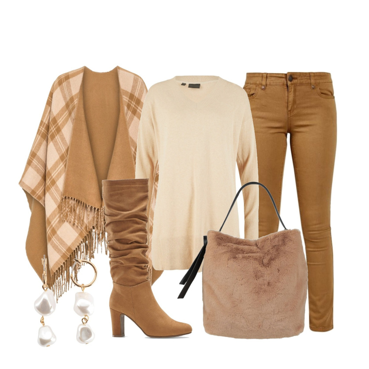 Outfit donna - Casual in beige. Stile Casual chic per Tutti i giorni. Abbinamento con borse a mano, mocassini, cappotti, stivali, orecchini, pantaloni.