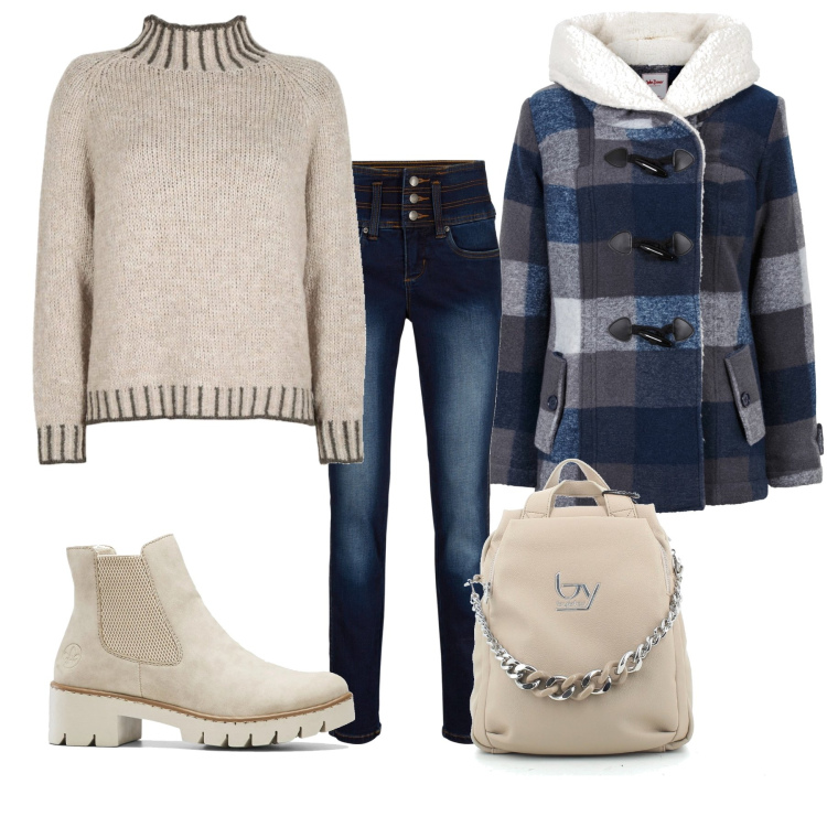 Outfit donna - Pomeriggio in relax. Stile Casual per Tutti i giorni. Abbinamento con jeans, blazer, stivaletti, maglieria, zaini.