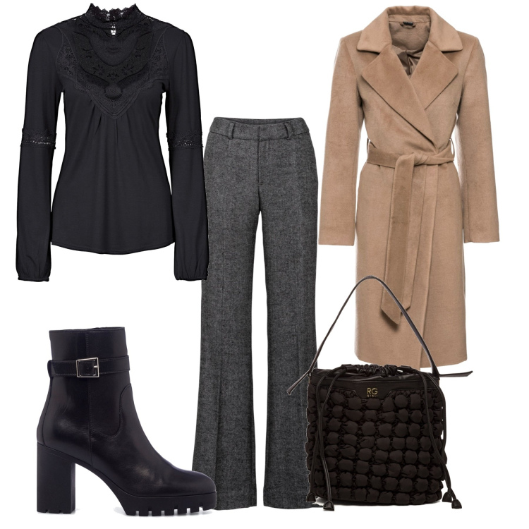 Outfit donna - Mix and match. Stile Casual chic per Ufficio. Abbinamento con pantaloni a palazzo, maglieria, cappotti, stivaletti, borse a secchiello.