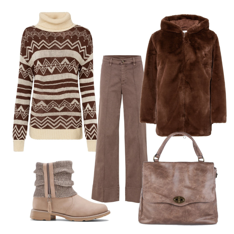 Outfit donna - Serata in baita. Stile Casual per Serata fuori. Abbinamento con stivaletti, pantaloni, ecopellicce, maglieria, borse a mano.