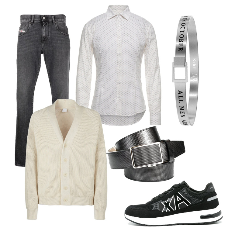 Outfit uomo - In birreria con i colleghi. Stile Casual per Tutti i giorni. Abbinamento con braccialetti, sneakers, jeans dritti, cardigans, camicie, cinture.