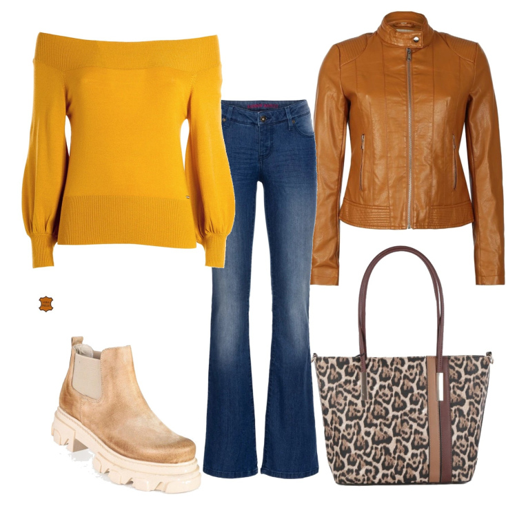 Outfit donna - Pensiero d’autunno. Stile Casual per Tutti i giorni. Abbinamento con jeans bootcut, giacche, stivaletti, borse a spalla, maglieria.