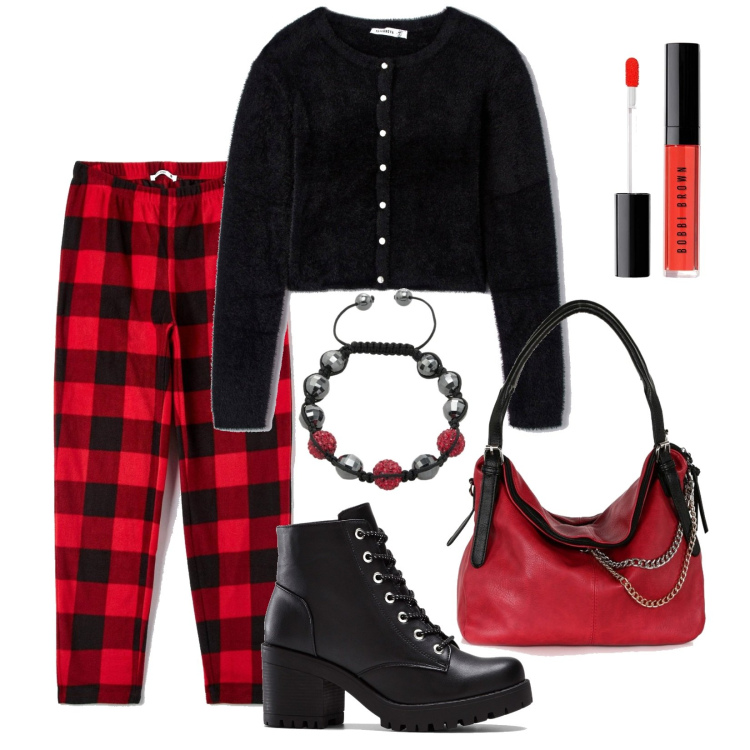 Outfit donna - Il pantalone scozzese. Stile Trendy per Tutti i giorni. Abbinamento con stivaletti, leggings, cardigans, borse a spalla, braccialetti, rossetti.