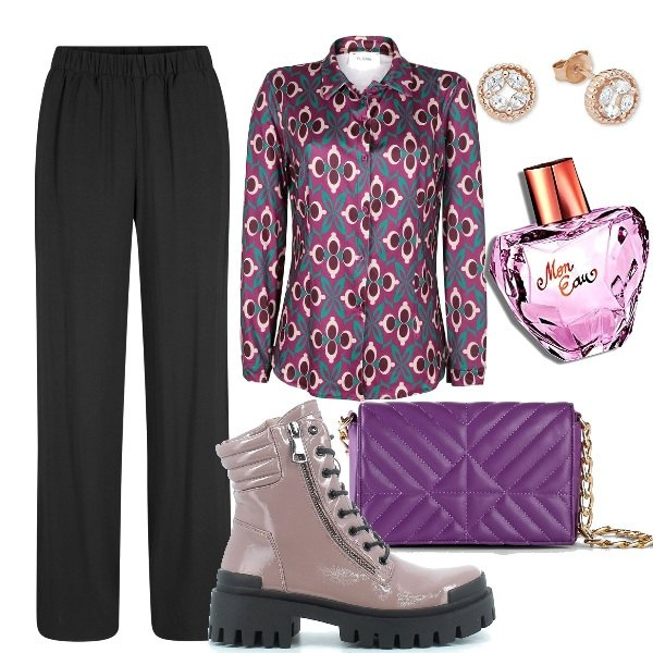Outfit donna - Total look #1506061. Stile Urban per Tutti i giorni. Abbinamento con pantaloni, borse a mano, camicie, anfibi, profumi, orecchini.